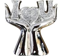 Silver Crushed Diamond Heart in Hands Ornament, Handmade Crystallized Love Sculpture, Elegant Sparkle Home Decor or Gift,- 25cm