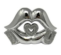 Silver Crushed Diamond I L U Big Lip Ornament Crystal Heart Lips Design, Romantic Ceramic Bling Decoration, Sparkling Home Accessory & Gift for Couples 20cm Tall