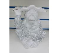 Silver Crushed Diamond Leaf Monkey With Baby Ornament | Sparkling 20cm Animal Figurine | Glamorous Home & Bedroom Decoration | Mother & Baby Design | Elegant Shelf Display Statue | London Gift Idea