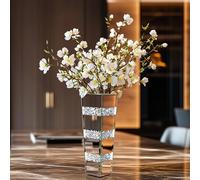 Silver Crushed Diamond Mirrored Table Vase : 30cm Tall Decorative Centerpiece Flower Vases for Living Room, Bedroom Sparkly Crystal Glass Vase for Artificial Flowers & Dried Arrangements