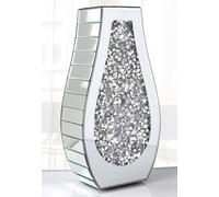 Silver Crushed Diamond Mirrored Vase, Arc-Shaped, 40cm Tall, Crystal Glass, Home Decor