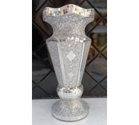 Silver Crushed Diamond Sparkle Flower Vase, Handmade Bling Crystal Glitter Pot, Mirrored Mosaic Italian Style Home Décor Ornament for Living Room, Dining Table, Bedroom Centerpiece - 30cm