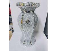 Silver Crushed Diamond Sparkle Flower Vase, Handmade Bling Mosaic Mirrored Ornament, Rhinestone Crystal Glitter Pot for Living Room, Dining, Bedroom, or Gift Display - 30CM Tall