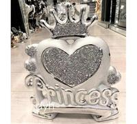SILVER CRUSHED DIAMOND SPARKLY PRINCESS HEART CROWN DECORATION SITTER BLING