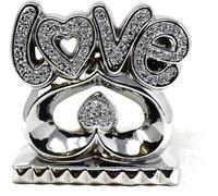 Silver Crushed Diamonds Love Sign on Heart Sparkle Ornaments, Handmade LOVE Word Figurine with Heart Base, Bling Crystal Tabletop Home Decor -25 cm