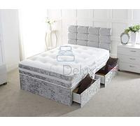 Silver Crushed Velvet Divan Bed with Mattress | Free HEADBOARD | Storage Drawers by Comfy Deluxe LTD (4FT6 4 Drawers, Silver)
