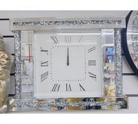 Silver Crystal Crush Diamond Square Wall Clock - 40x40cm Mirrored Glass with Loose Diamante, Roman Numerals, Silent Quartz Movement Luxury Bling Decor for Living Room, Bedroom, Home, Office