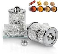 Silver Crystal Diamond Salt & Pepper Shaker Set with Mirrored Tray - Decorative Salt and Pepper Shakers for Dining Table, Kitchen, and Special Occasions (Ceramic, Salt and Pepper Shakers with Tray)