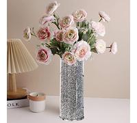 Silver Crystal Flower Vase, 10" Large Crushed Diamond Vase, Shiny Round Modern Luxury Decorative Glass Vases for Home Decor, Dining Table, Bathroom, Bedroom, Sofa Table, Wedding