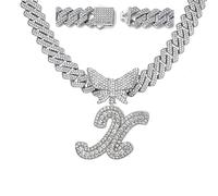 Silver Cuban Link Chain for Women 14k Gold Plated Letter Necklace Initial Custom Chain Name Necklaces Personalized Necklace Iced Out Chains Pendants Bling Necklaces Hip Hop Jewelry for Women, Zinc