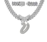 Silver Cuban Link Chain for Women 14k Gold Plated Letter Necklace Initial Custom Chain Name Necklaces Personalized Necklace Iced Out Chains Pendants Bling Necklaces Hip Hop Jewelry for Women, Zinc