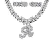 Silver Cuban Link Chain for Women 14k Gold Plated Letter Necklace Initial Custom Chain Name Necklaces Personalized Necklace Iced Out Chains Pendants Bling Necklaces Hip Hop Jewelry for Women, 18