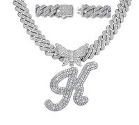 Silver Cuban Link Chain for Women 14k Gold Plated Letter Necklace Initial Custom Chain Name Necklaces Personalized Necklace Iced Out Chains Pendants Bling Necklaces Hip Hop Jewelry for Women, 18
