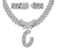 Silver Cuban Link Chain for Women Letter C Necklace Initial Custom Chain Name Necklaces Personalized Necklace Diamond Iced Out Chain Pendants Bling Necklace Hip Hop Chain Jewelry For Women