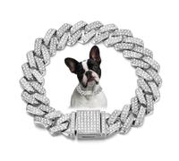 Silver Cuban Link Dog Collars, Bling Dog Necklace Diamond Glitter Rhinestone Puppy Chain For Small Medium Large Pet Dogs, 14-Inch