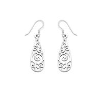 Silver Cut Out Teardrop Hook Wire Earrings - 38mm drop - F0565