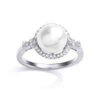 Silver CZ Pearl Halo Full Moon Dress Ring 10mm - GVR696 Jewelco London White Q