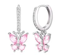 Silver Dangle Earrings for Women Girls Birthstone Piercing Drop Earrings with Gift Box (Pink)