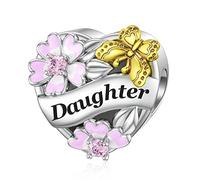 Silver Daughter Charm for Pandora Charms Pink Flower Butterfly