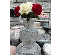 Silver Decorative Heart-Shaped Vase with Crushed Diamond Effect, Glitter Finish, Mirror Mosaic Trim 30cm
