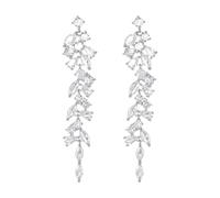 Silver Diamond Dangle Earrings Women - Long Chain Chandelier Drop Crystal Fringe Leaf Design Tassel Bridal Jewelry Girls