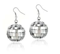 Silver Disco Ball Mirror Earrings - Vintage 70s Retro Party Bar Show 2PCS