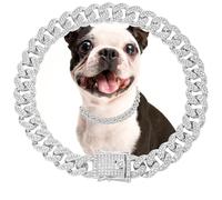 Silver Dog Cat Chain Collar Necklace with Diamond Pendant K Metal Cuban Link Chains Pet Gold Crystal Collar Necklaces Accessories for Cats Puppy Dogs(14inch)