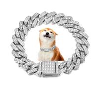 Silver Dog Chains, Cuban Link Dog Collar For Dogs Jewelry Diamond Glitter Rhinestone Necklace Metal Choke 14mm Wide Pet For Puppy Small Medium Large Dogs (18inch)