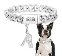 Silver Dog Collar with Pendant, Stainless Steel Walking Metal Chain Collar, 19 mm Wide, Heavy Cuban Link, Strong, Chew-proof Collars for Medium and Large Dogs (50 cm)