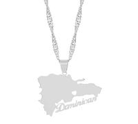Silver Dominican Republic Map Love Heart Word Country Necklace Pendant 50cm Chain Dominicans UK Seller