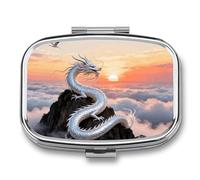 Silver Dragon Circling Pill Box Travel Pill Organizer 2-Compartment with Mirror Design Portable Square Medicine Case for Vitamins, Jewelry & Essentials Durable Pocket Pillcase for Purse, Camping