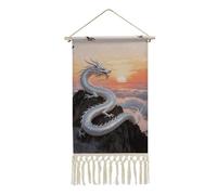 Silver Dragon Circling Poster Hanger Frame, Long Vertical Wall Hanging Vintage Tapestry with Tassel, Room Decor, Hanging Cotton Linen Framed Wall Art Decor for Home, 10x19.6 Inch