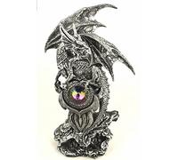 Silver Dragon Guarding Jewel Figurine | 25 cm Hand-Painted Resin Fantasy Sculpture | Mythical Guardian Ornament | Gift Boxed