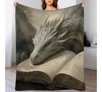 Silver Dragon Resting on Open Book Throw Blanket Warm Flannel Reading Nook