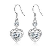 Silver Drop Dangle Earrings for Women, Dangly Earrings for Girl│Dainty Hypoallergenic Earring with Cubic Zirconia for Sensitive Ears│Romantic Heart Earrings for Birthday Anniversary