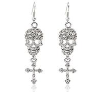 Silver Earrings Cool Gothic Punk Style Skull Cross Shaped With Diamond Long Dangle Earrings for Women