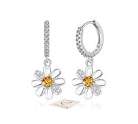 Silver Earrings for Women, Daisy Dangle Earrings Sterling Silver Huggie Earring with Cubic Zirconia, Lightweight Hypoallergenic Daisy Jewellery Gifts for Women Mum Girls Wife