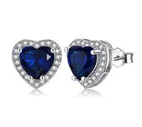 Silver Earrings for Women - Sterling Silver Earrings Diamond Stud Earrings, Heart Cubic Zirconia Earrings | Dainty Bridal Diamante Halo Earrings Jewelry for Brides Bridesmaids Wedding, Sapphire Blue