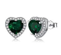 Silver Earrings for Women - Sterling Silver Earrings Diamond Stud Earrings, Heart Cubic Zirconia Earrings | Dainty Bridal Diamante Halo Earrings Jewelry for Brides Bridesmaids Wedding, Emerald Green