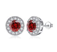 Silver Earrings for Women - Sterling Silver Earrings Diamond Stud Earrings, Round Cubic Zirconia Earrings | Dainty Bridal Diamante Halo Earrings Jewelry for Brides Bridesmaids Wedding, Red Diamond