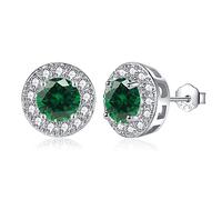 Silver Earrings for Women - Sterling Silver Earrings Diamond Stud Earrings, Round Cubic Zirconia Earrings | Dainty Bridal Diamante Halo Earrings Jewelry for Brides Bridesmaids Wedding, Emerald Green