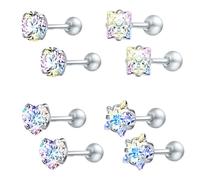 Silver Earrings Set Boho, Womens Stud Earrings Fun 4mm with Cubic Zirconia Multicolor Stainless Steel