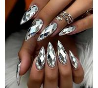 Silver Electroplated Press on Nails Almond Fake Nails Relief Geometric Shape False Nail Design Full Cover Silver Rhombus Glossy Acrylic Nails for Women Girls DIY Manicure Decoration 24Pcs
