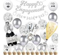 Silver Engagement Party Decorations Banner - 37Pcs Glitter Happy Engagement She Said Yes Banners Cupcake Toppers Diamond Ring Wine Glass Bottle Foil Balloons for Proposal Party Supplies