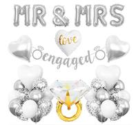 Silver Engagement Party Decorations, MR and MRS Balloons Decor, Metallic Silver Confetti Balloons, Love Heart and Diamond Ring Foil Balloon with Engaged Banner for Wedding Engagement Party Decoration