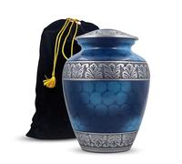 Silver Engraved Adult Cremation Urn for Human Ashes - Handcrafted Funeral Memorial Large Burial Urn (7.5" x 7.5" x 9.5"- 200lbs or 91kg, Cloud Blue) - Bag Included
