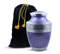 Silver Engraved Cremation Urn for Human Ashes - Large Adult Funeral Burial Urn Handcrafted (7" x 7" x 10" - 200 lbs or 90 kg, Pearl Purple) - Bag Included