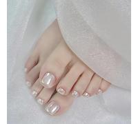 Silver False Toenail - Short Square French Tip False Toenails - Glitter Metal Aurora Illusion French Tip Fake Toenails With Glue - Full Cover Stick OnToenails For Women Girs Nail Art DIY Decorations