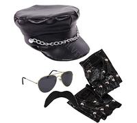 Silver Fancy Dress® Rocker, Rock Star, Punk - Leather Look Biker Hat, Sunglasses, Gloves & Mustache YMCA Gay Pride Fancy Dress