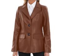 SILVER FASHIONS Lambskin Leather Jacket Women,Long Sleeve Button Front Leather Blazer,Notched Lapel Casual Style,Vent Detail, Brown, L